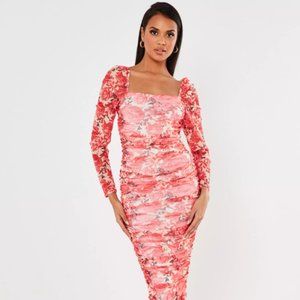 INC Bodycon Ruched Midi Dress with Sheer Sleeves